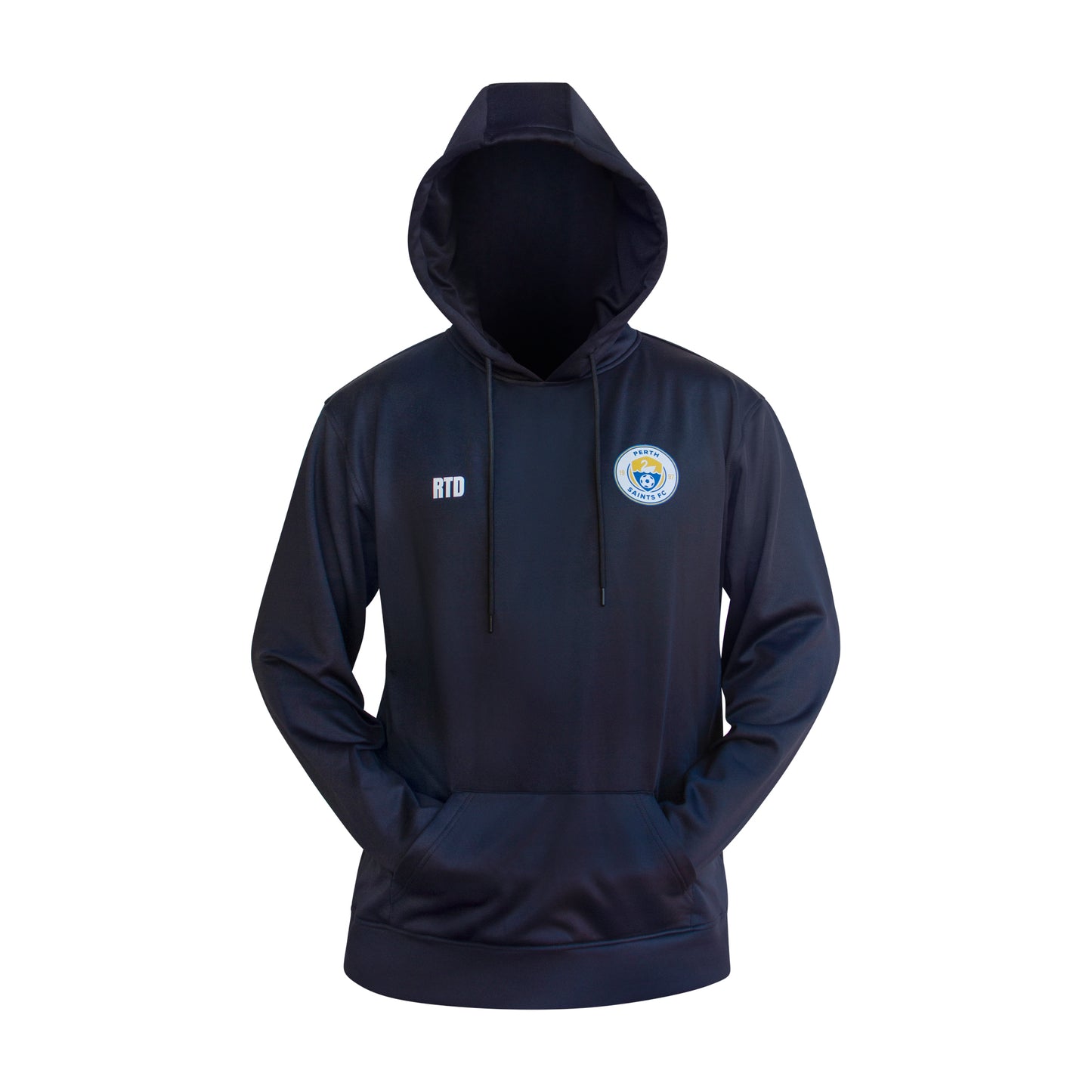 Flat lay of black performance hoodie with front pocket