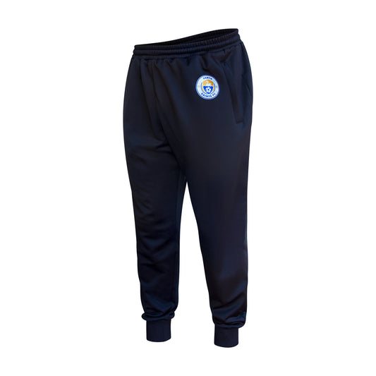 Flat lay of black training track pants with Perth Saints logo