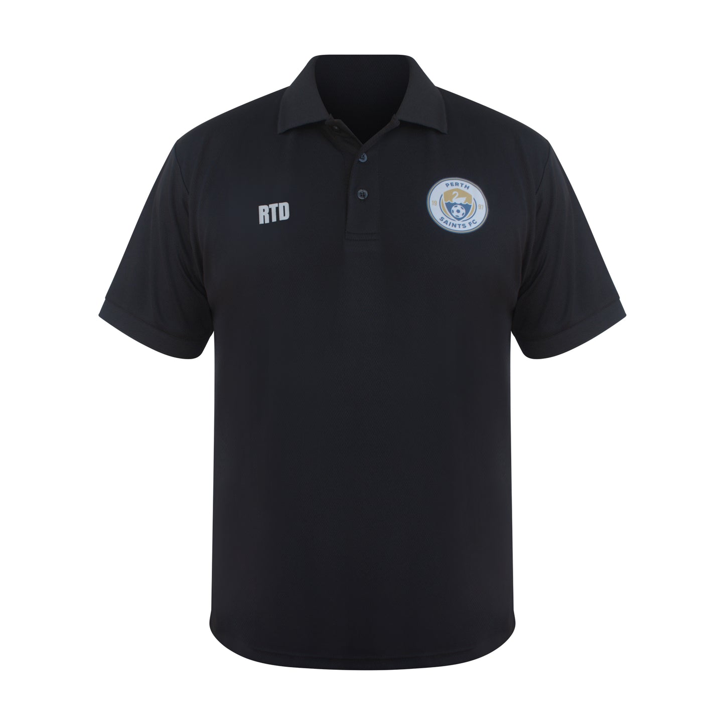 Flat lay of black soccer club polo top 