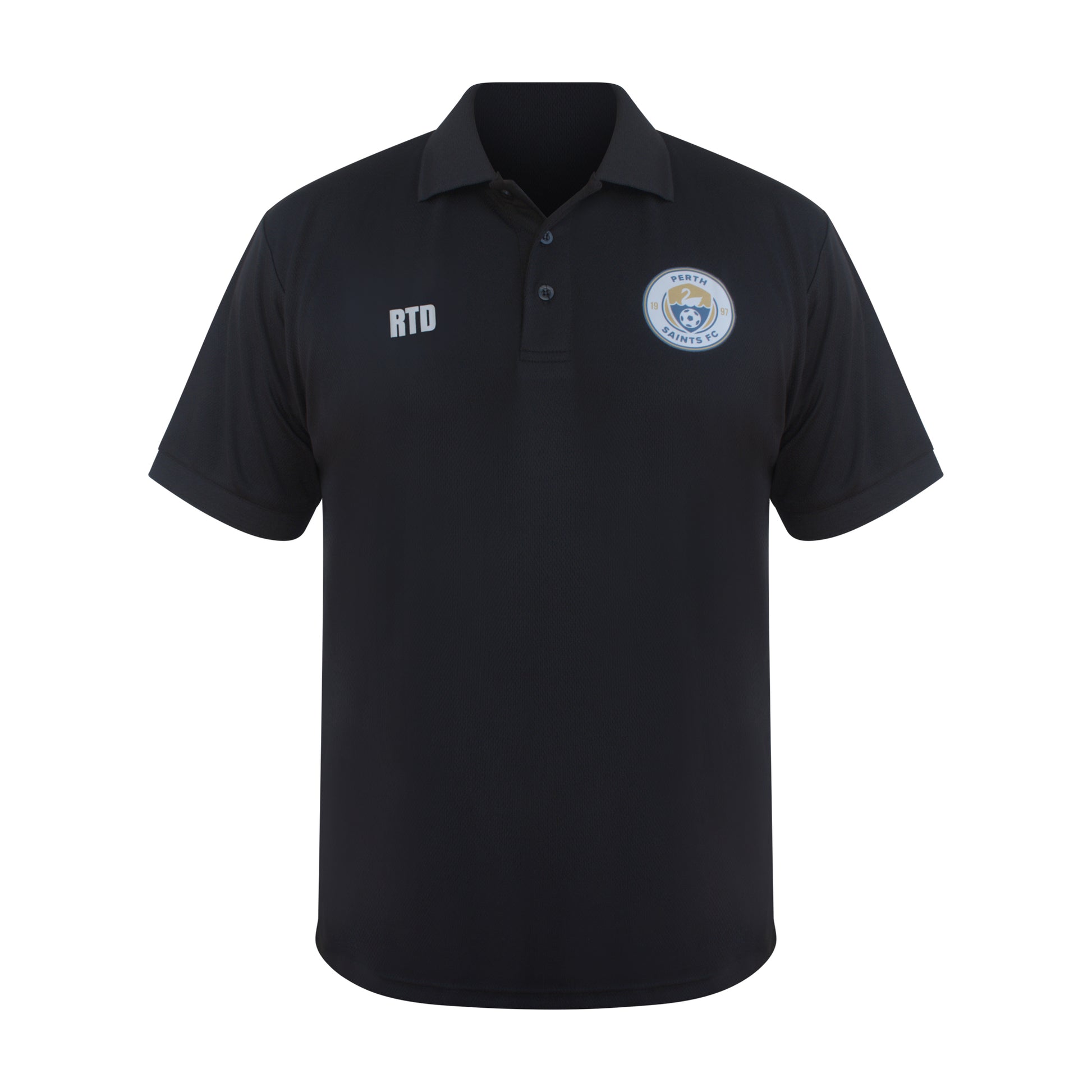 Flat lay of black soccer club polo top 