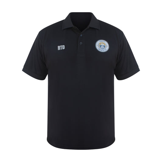 Flat lay of black soccer club polo top 